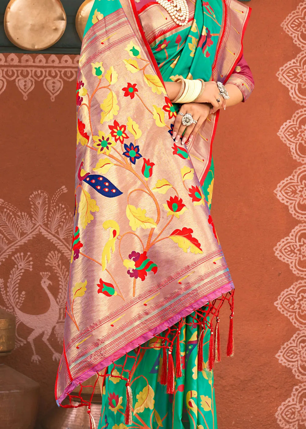 Electric Green Woven Paithani Soft Silk Saree