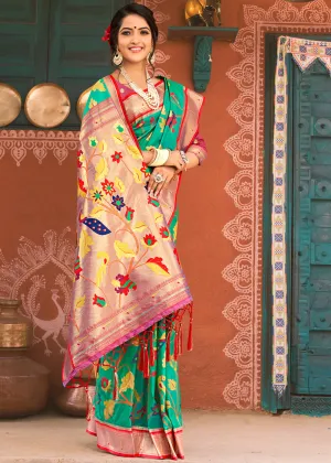 Electric Green Woven Paithani Soft Silk Saree