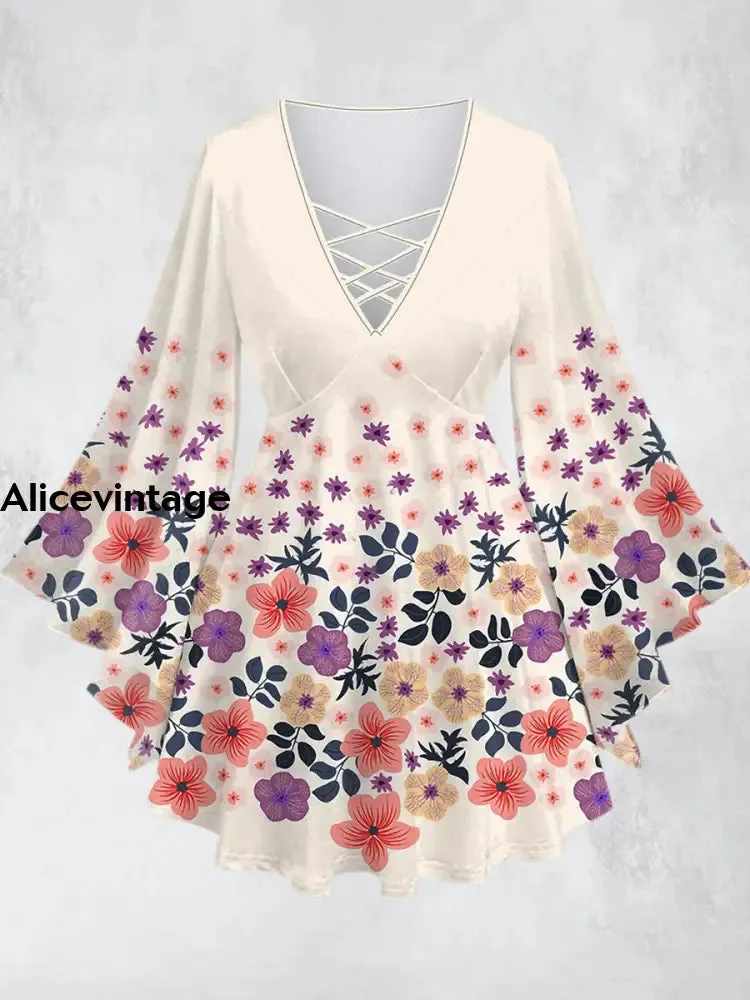 Elegant Flowers Print V-Neck Hollow Out Long Sleeve Shirt