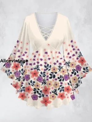 Elegant Flowers Print V-Neck Hollow Out Long Sleeve Shirt