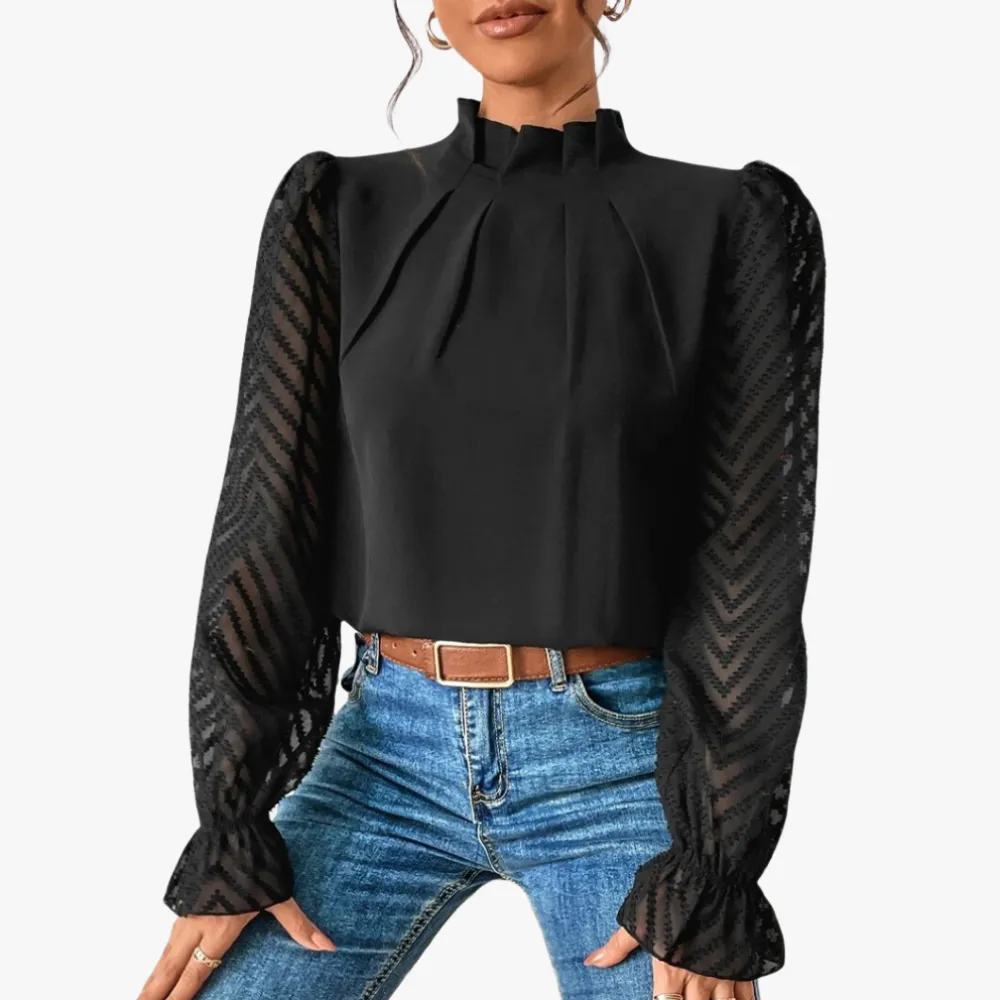 Elegant High Neck Blouse with Sheer Sleeves