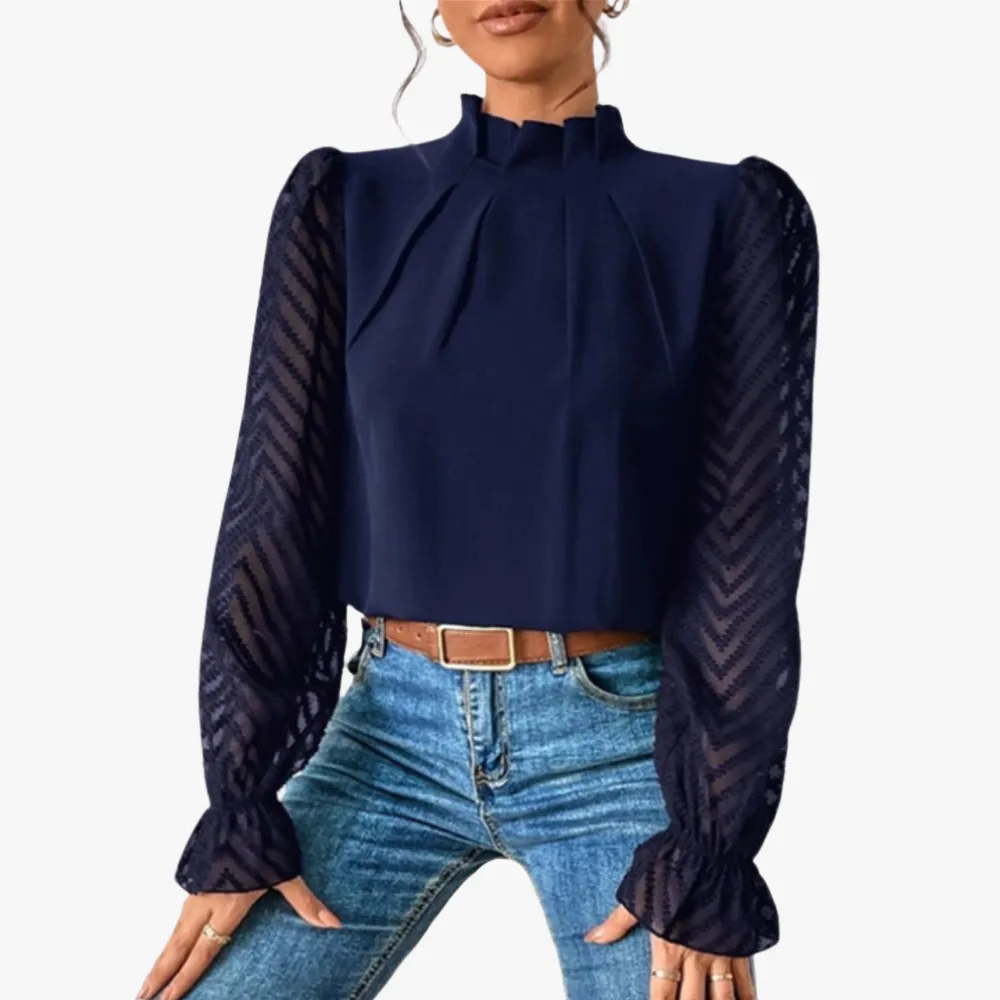 Elegant High Neck Blouse with Sheer Sleeves