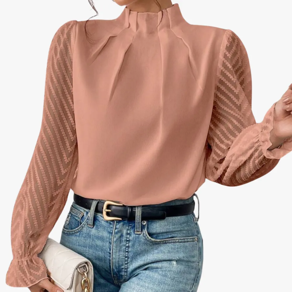 Elegant High Neck Blouse with Sheer Sleeves