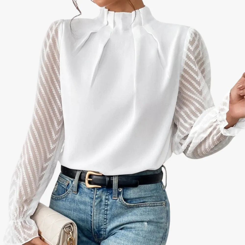 Elegant High Neck Blouse with Sheer Sleeves