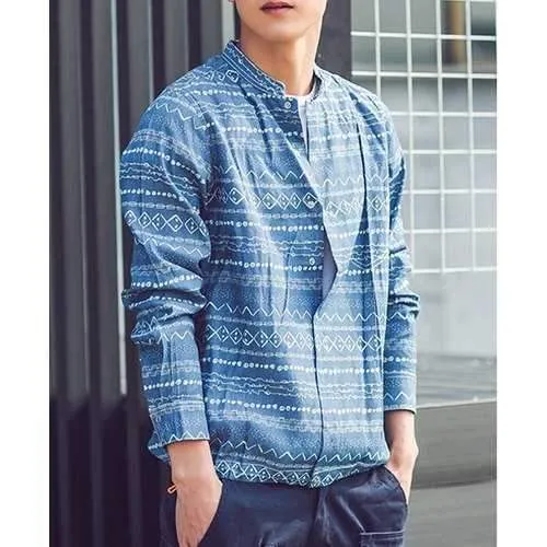 Ethnic Stand Collar Elastic Hem Mayan Totem Print Long Sleeves Men's Slim Fit Denim Shirt - Deep Blue M