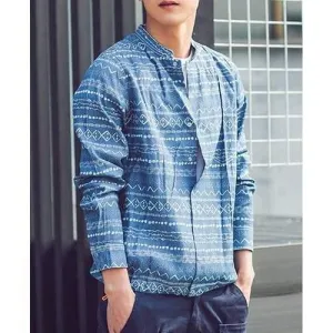 Ethnic Stand Collar Elastic Hem Mayan Totem Print Long Sleeves Men's Slim Fit Denim Shirt - Deep Blue M