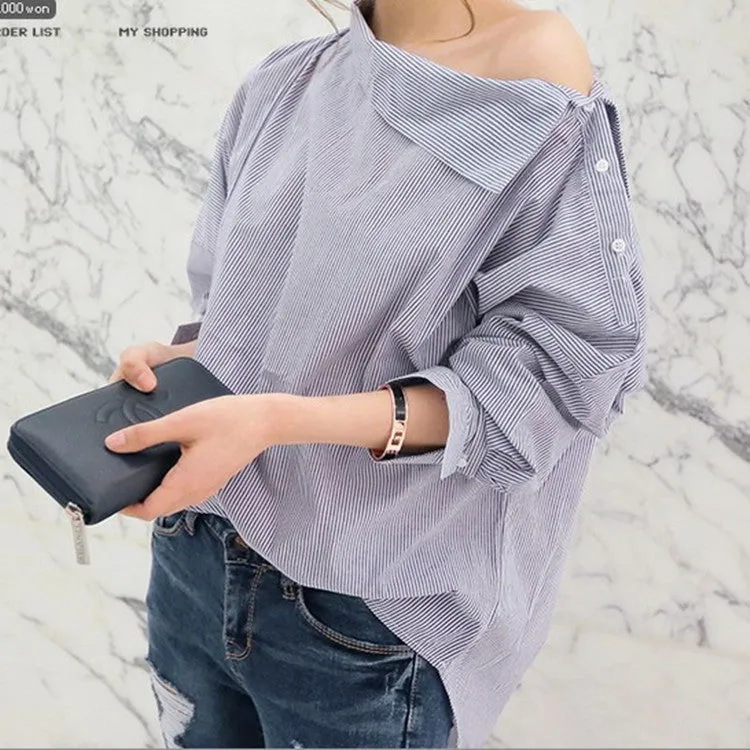 Fashion Women Shirts Batwing Full Sleeve Striped Loose Oblique Collar Blouse Shirt Top Blue 1269