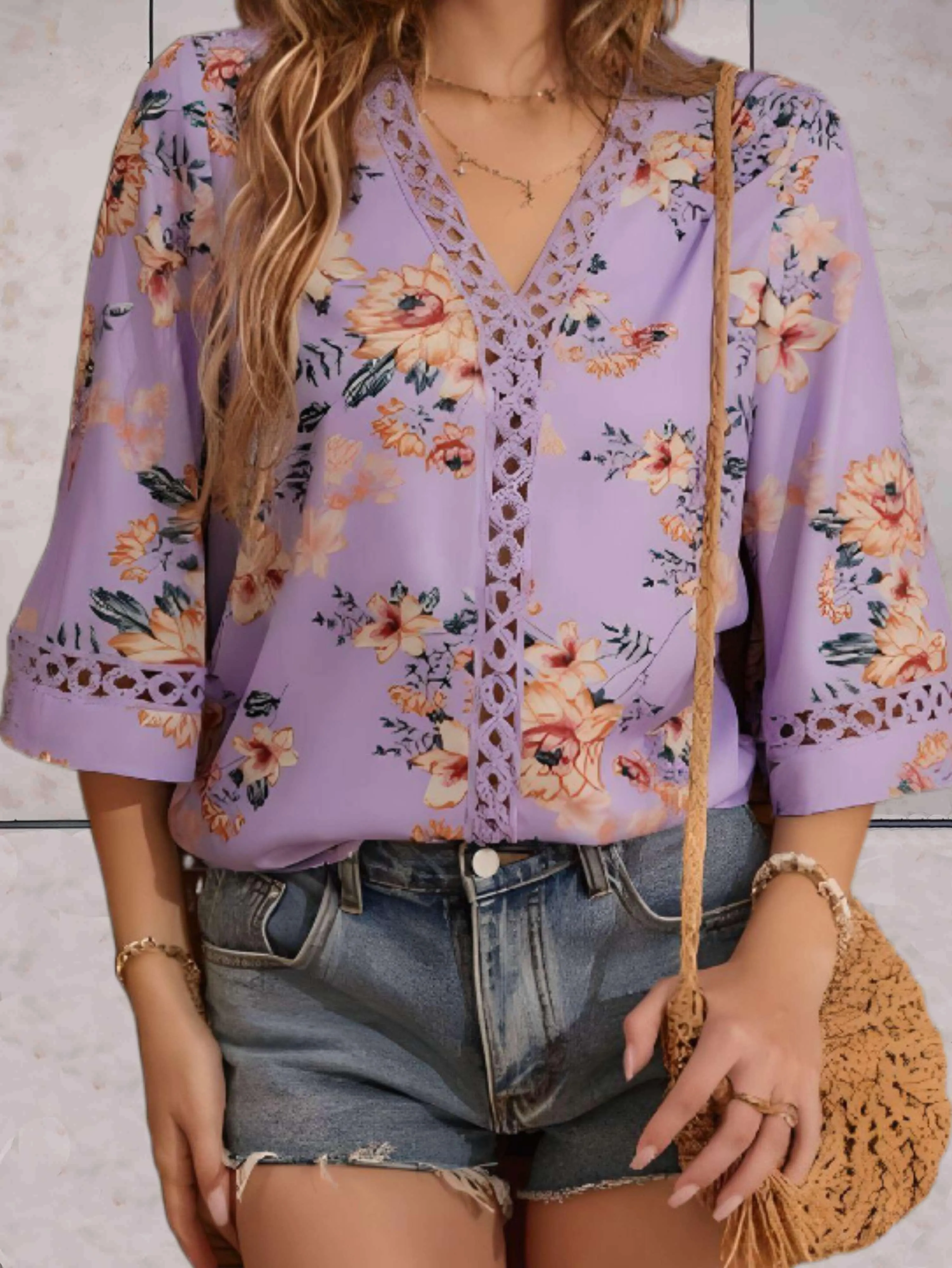 Fayre - Floral V neck Swing Sleeves Woman's Top