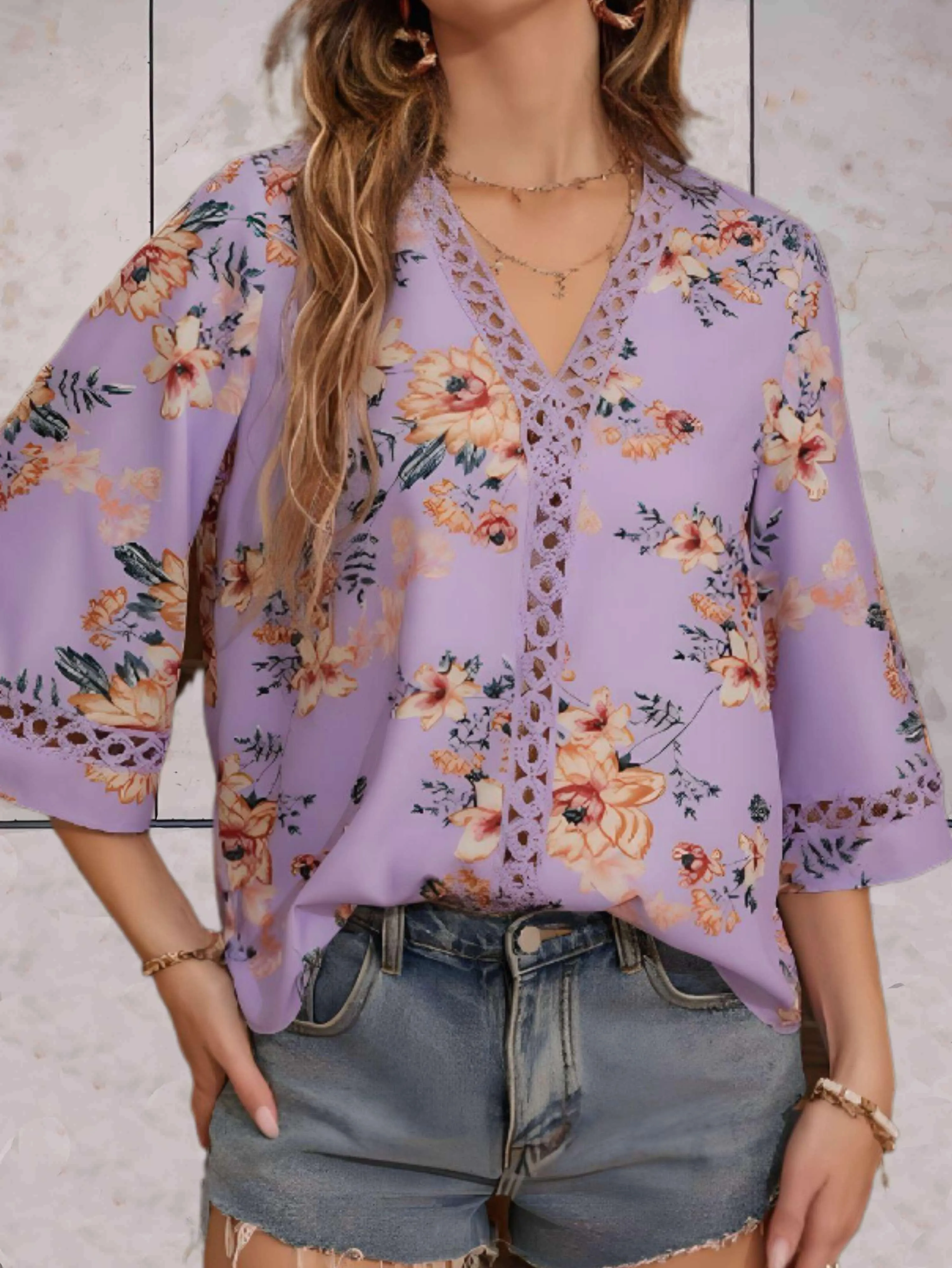 Fayre - Floral V neck Swing Sleeves Woman's Top