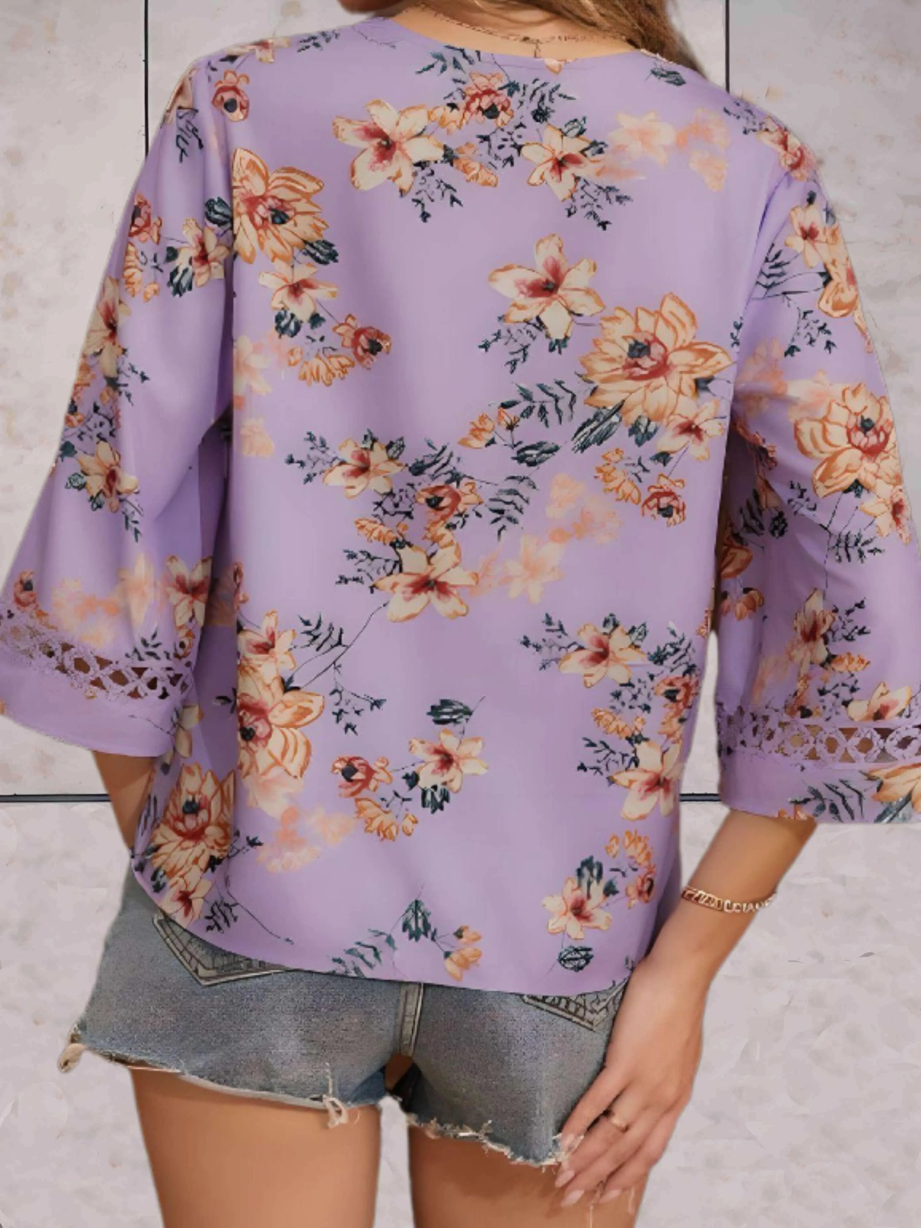 Fayre - Floral V neck Swing Sleeves Woman's Top