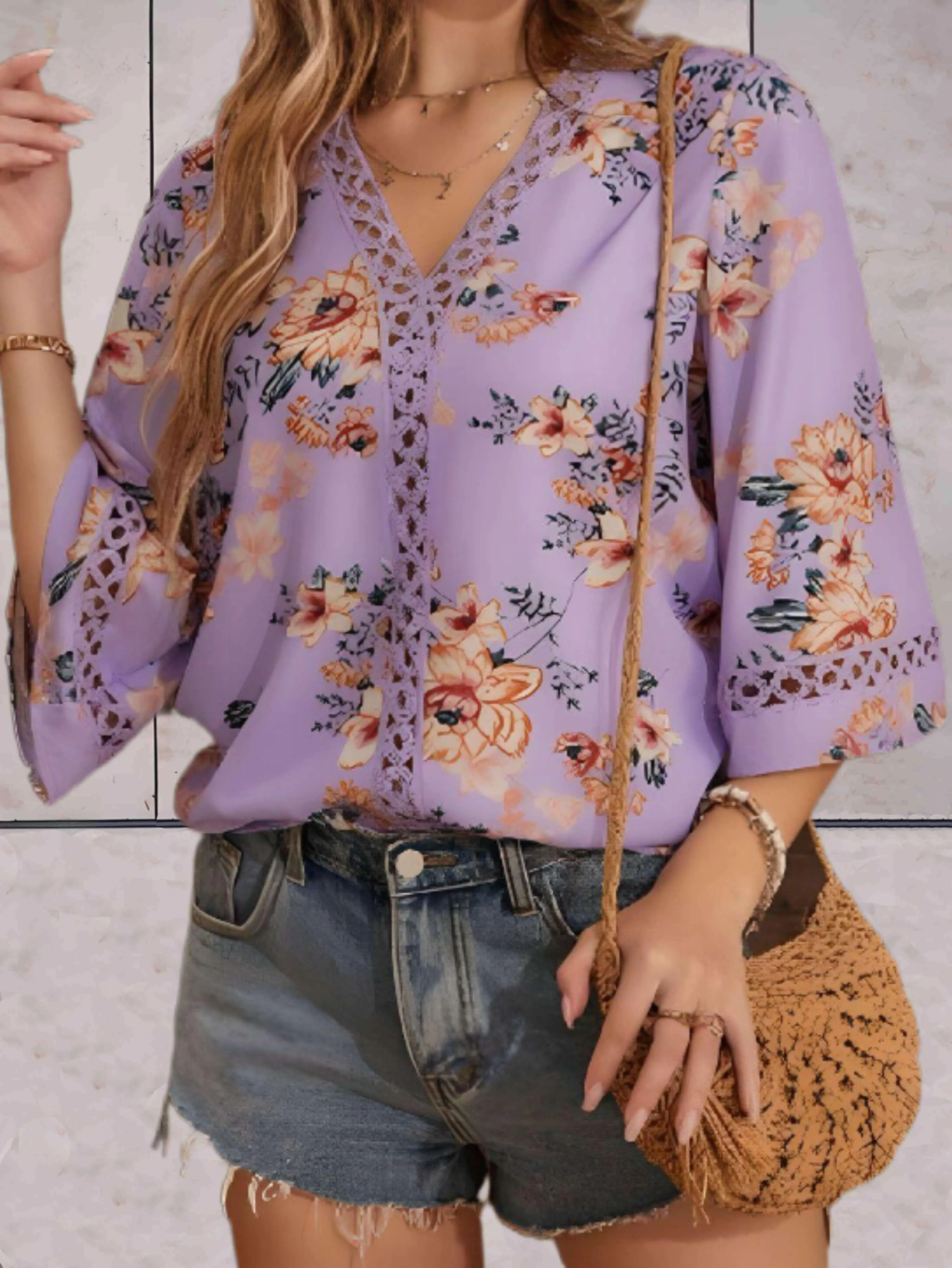 Fayre - Floral V neck Swing Sleeves Woman's Top