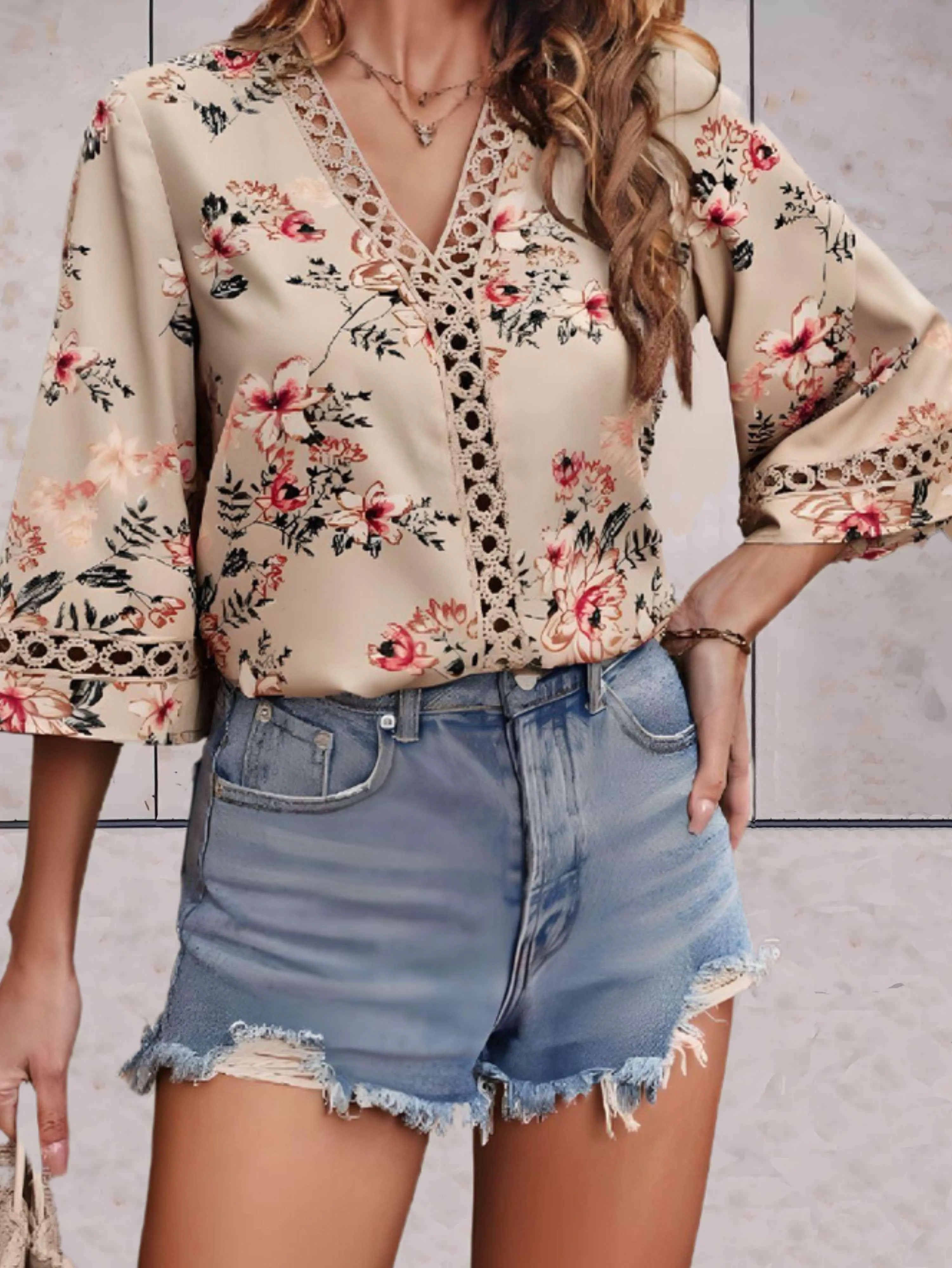 Fayre - Floral V neck Swing Sleeves Woman's Top