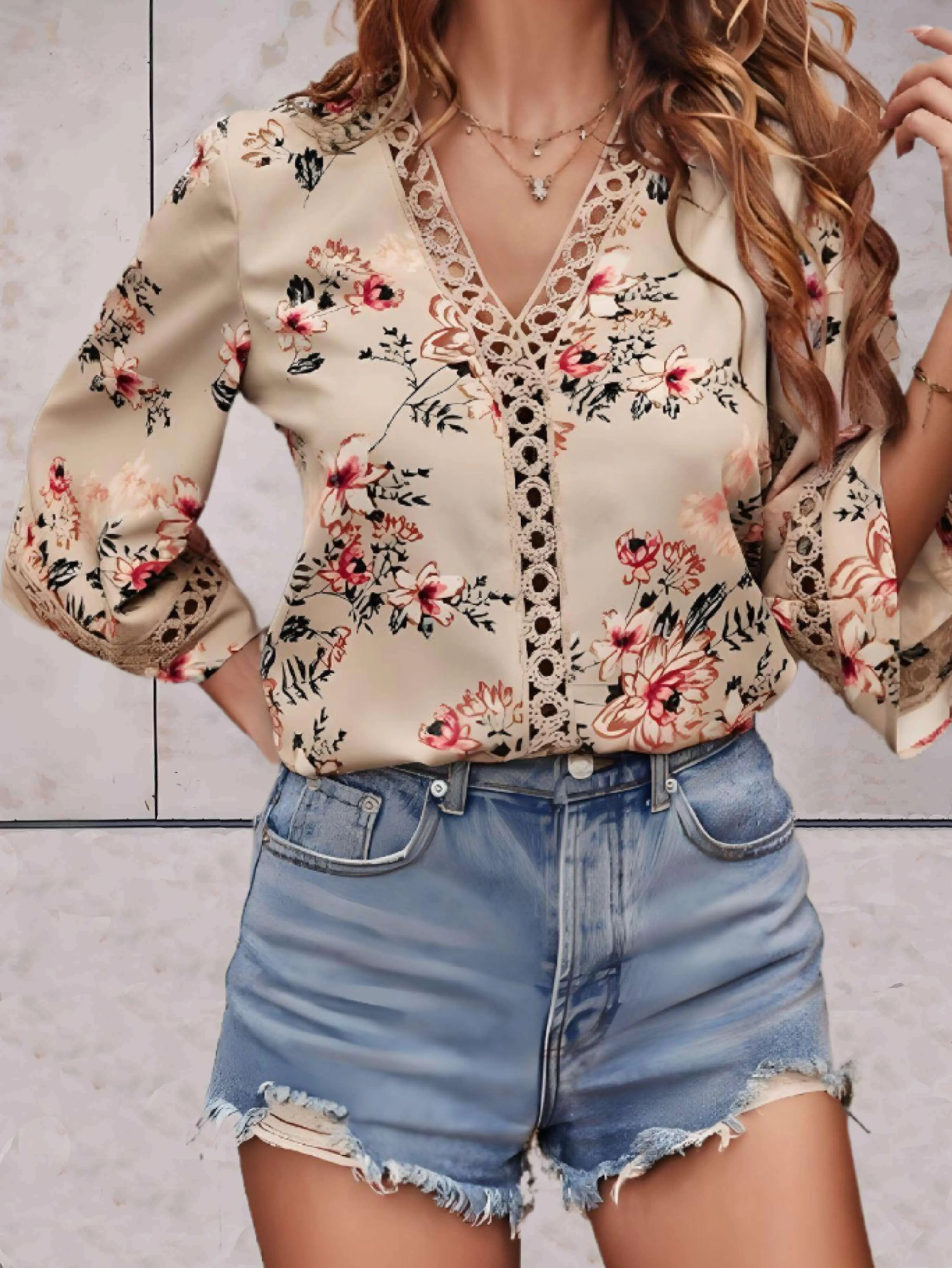 Fayre - Floral V neck Swing Sleeves Woman's Top