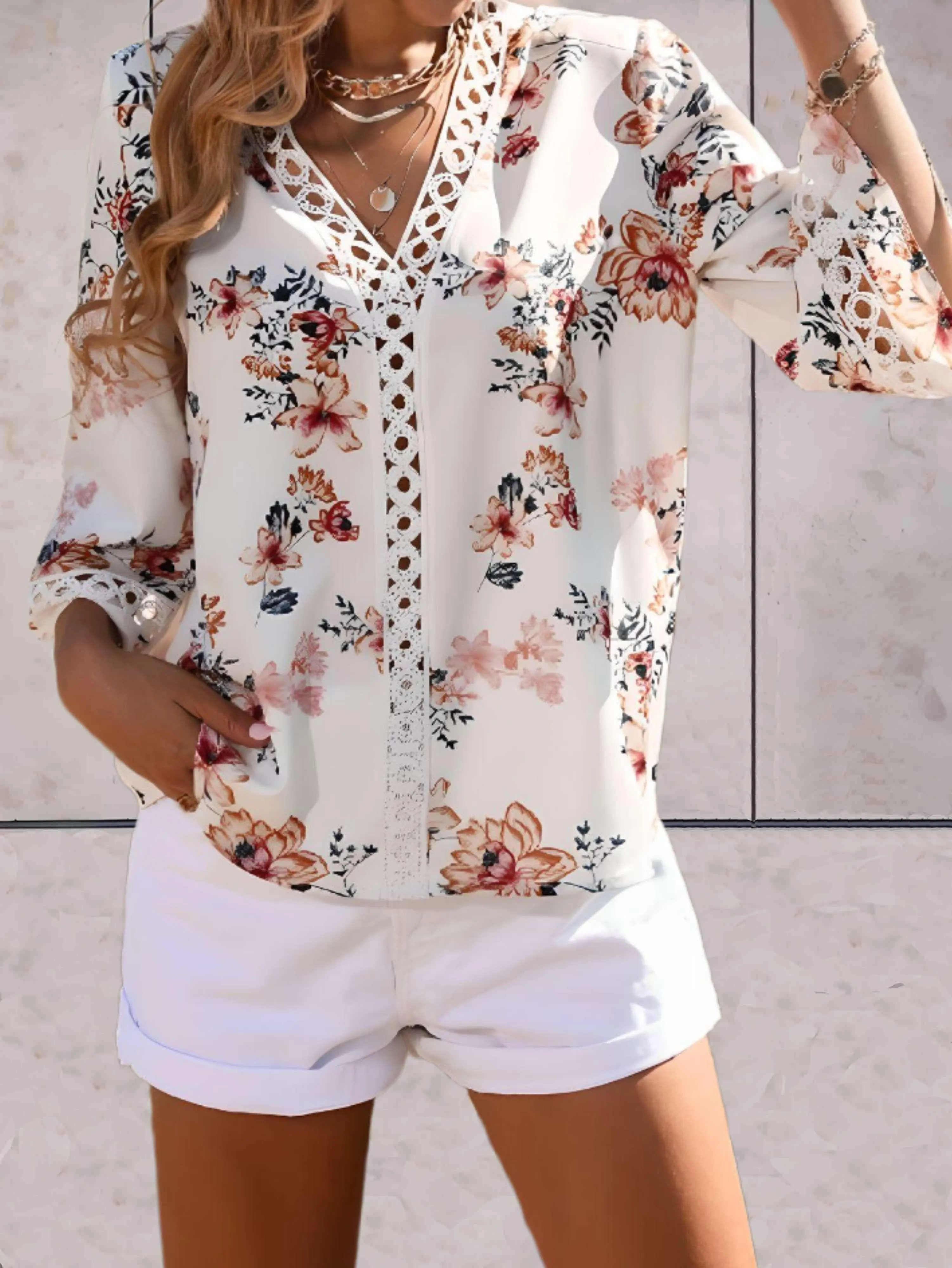 Fayre - Floral V neck Swing Sleeves Woman's Top