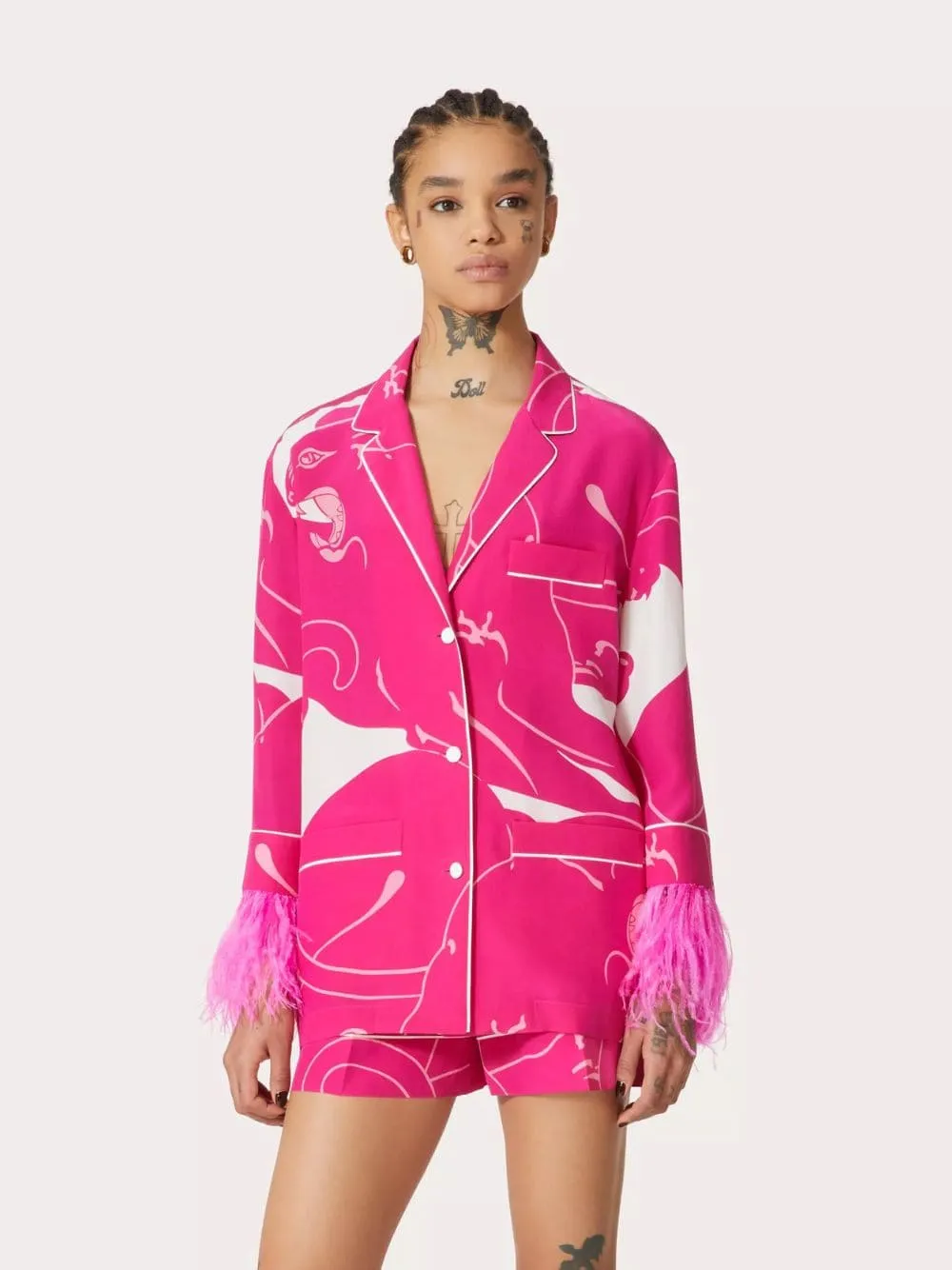 Feather-Trimmed Crêpe de Chine Blouse