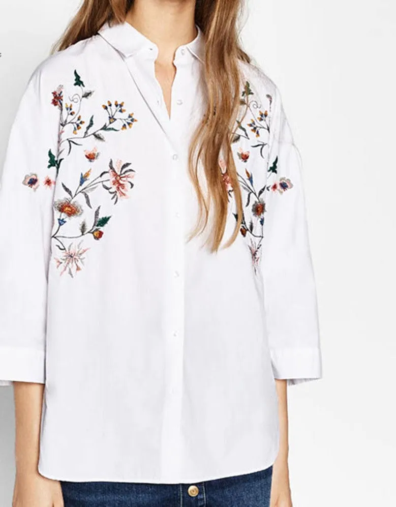 Flower Print Embroidery White Blouses Cute ZA Turn-down Collar Blouse Trendy Women 3/4 Sleeve Casual HI-LO Side Split Shirt Top