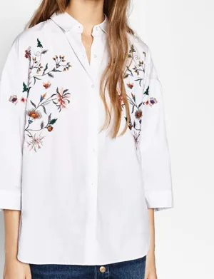 Flower Print Embroidery White Blouses Cute ZA Turn-down Collar Blouse Trendy Women 3/4 Sleeve Casual HI-LO Side Split Shirt Top