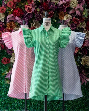 Flutter Sleeve Striped Shirtdress