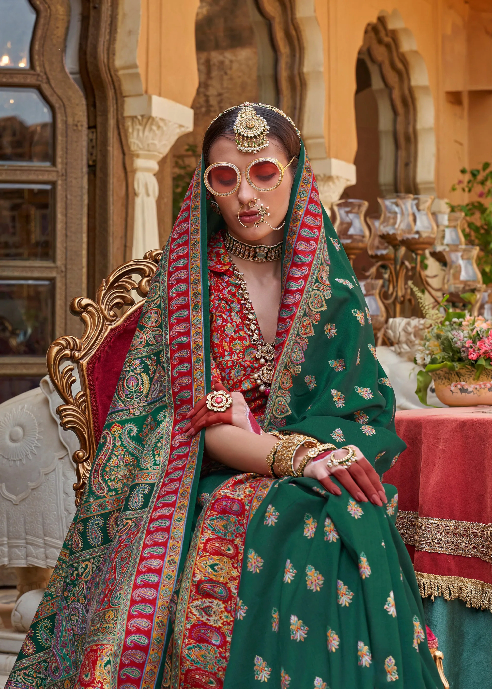 Forest Green Printed  Kashmiri Jamewar Saree