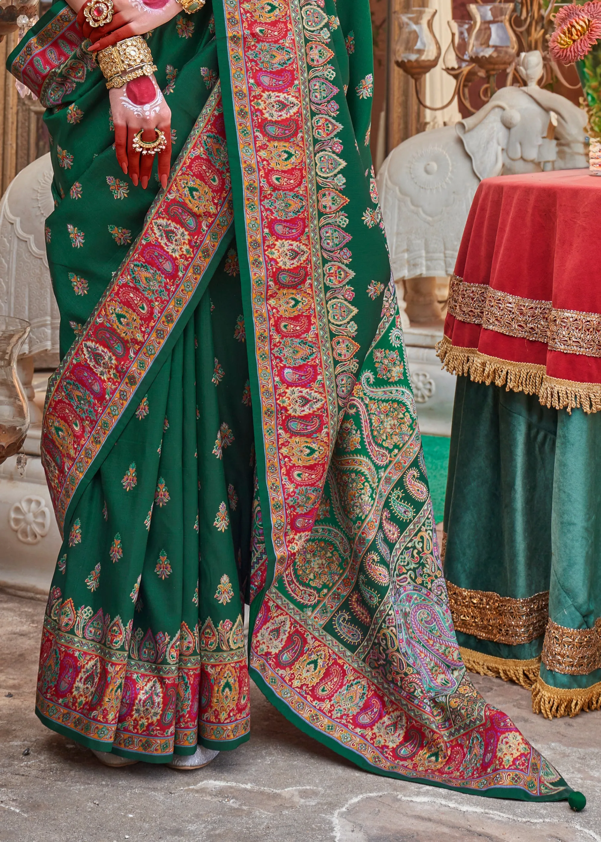 Forest Green Printed  Kashmiri Jamewar Saree