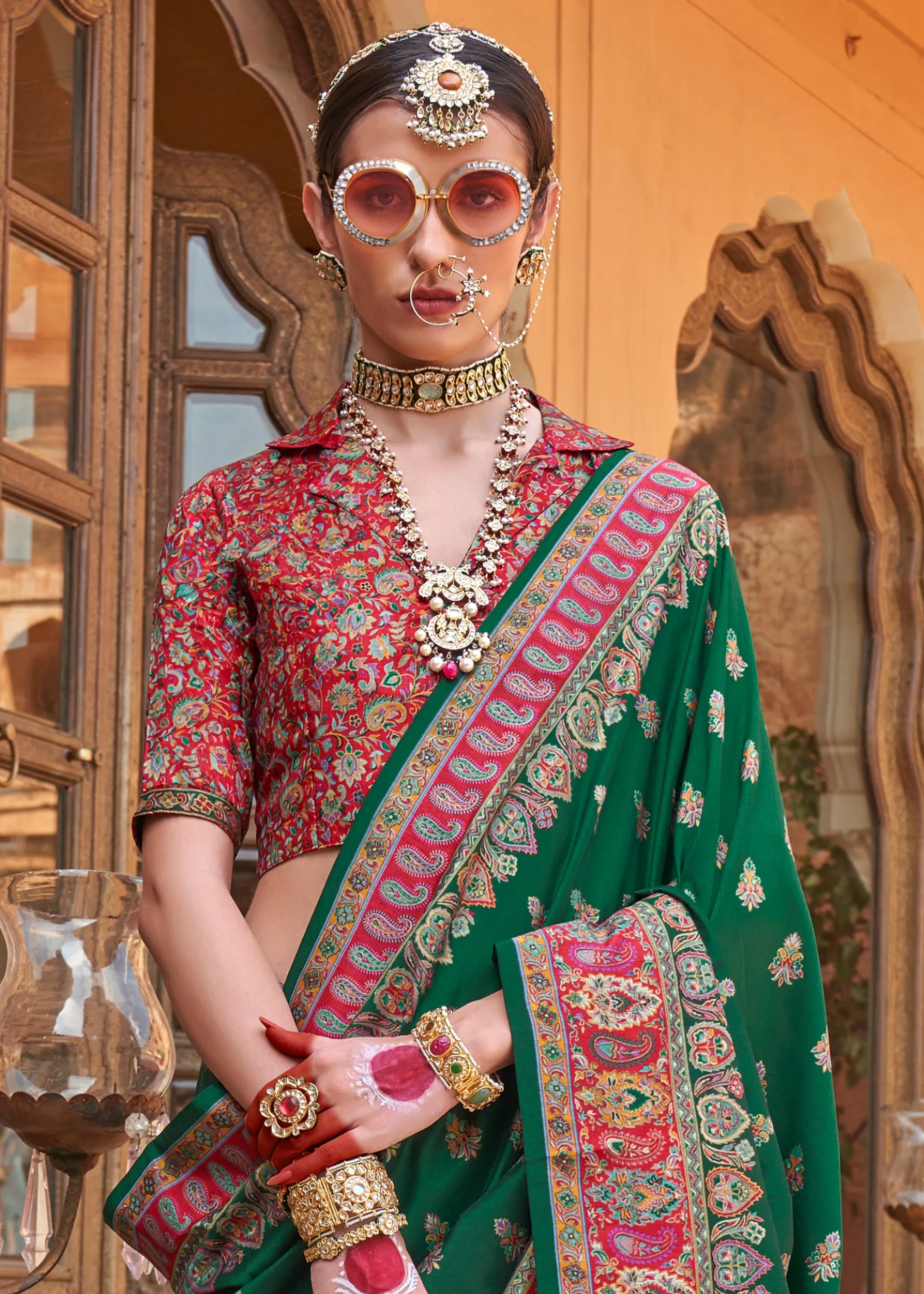 Forest Green Printed  Kashmiri Jamewar Saree