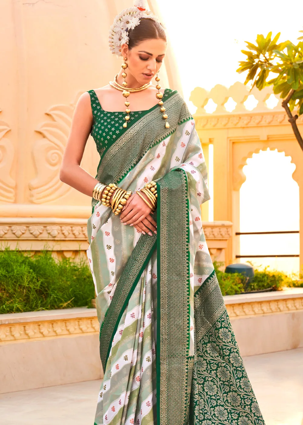 Frosty Green Printed Soft Silk Saree