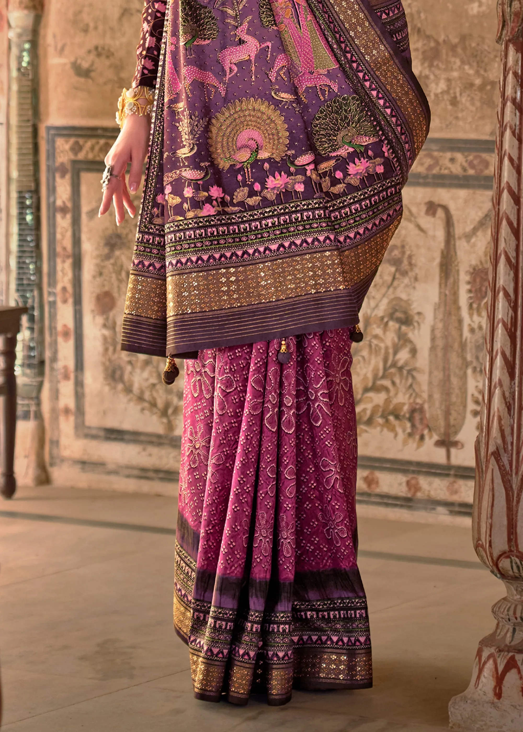 Fuchsia Purple Printed Soft Silk Saree