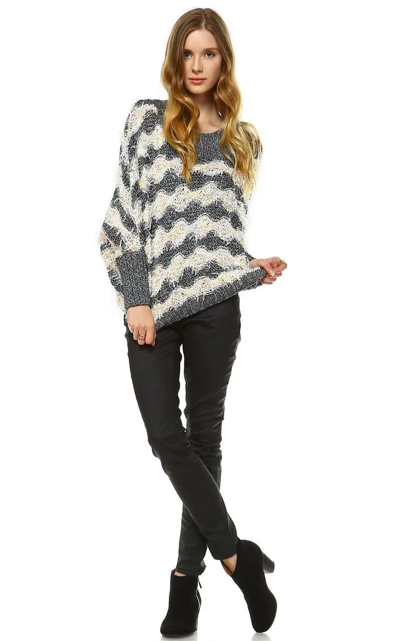 Fuzzy Sweater Doleman Sleeve Pullover Gray Orange
