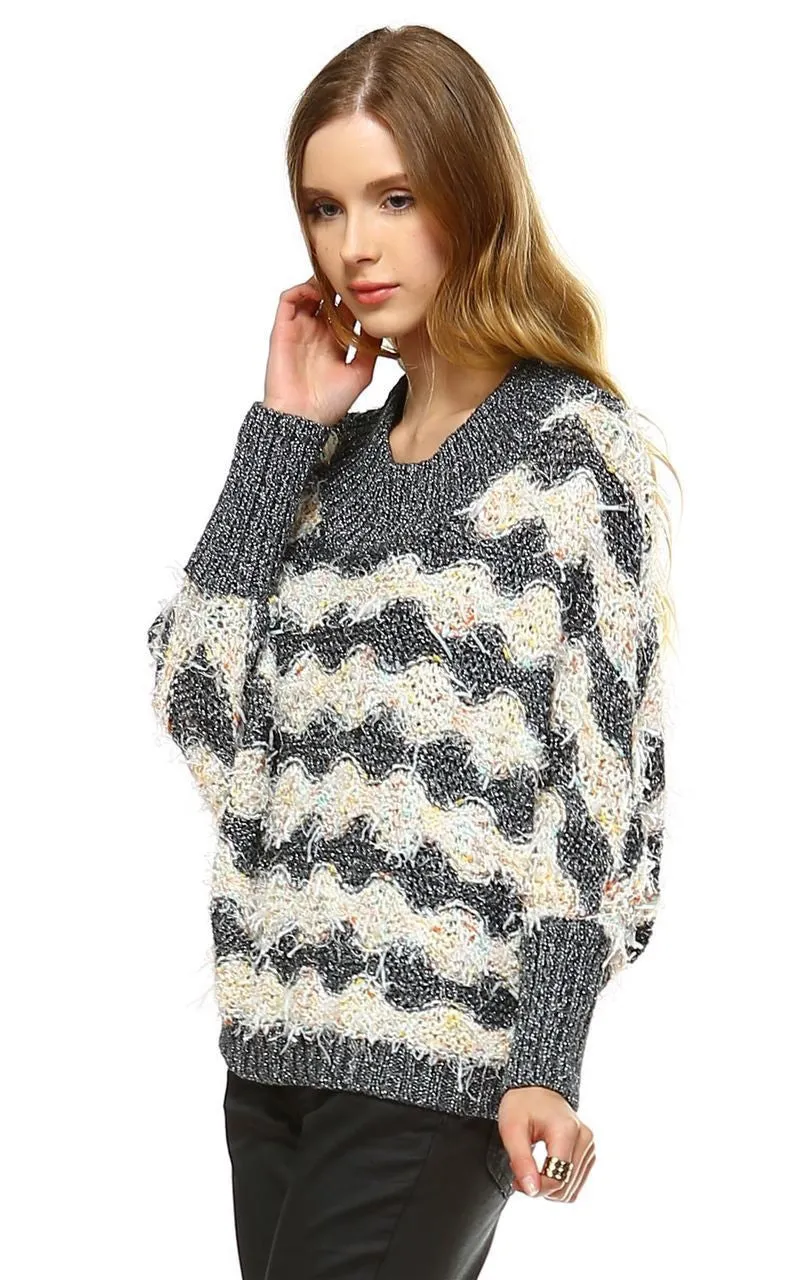 Fuzzy Sweater Doleman Sleeve Pullover Gray Orange
