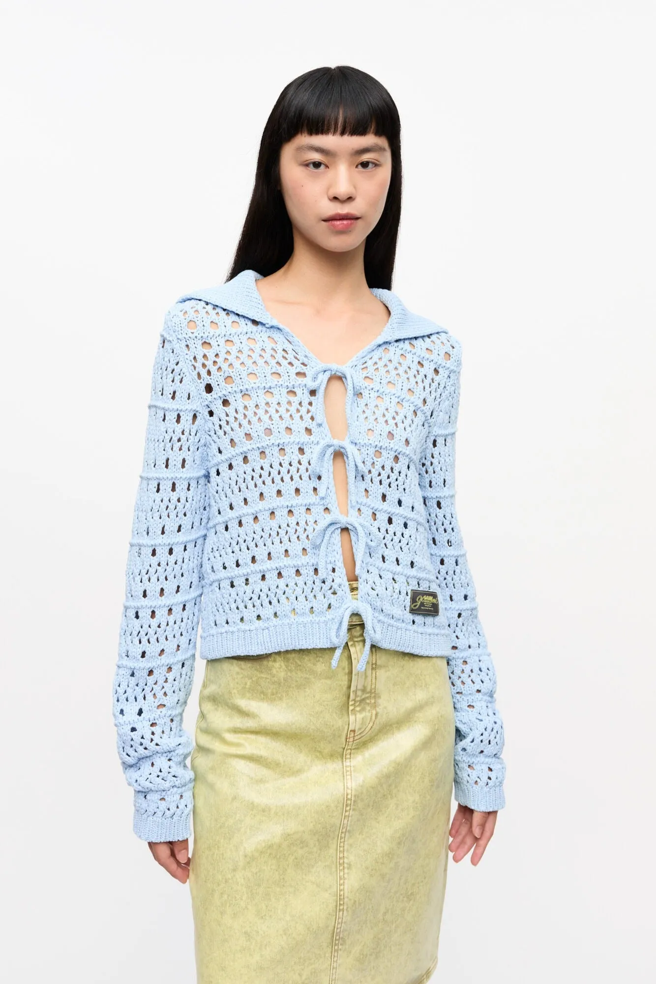 Ganni Cotton Mix Tie String Cardigan in Soft Chambray