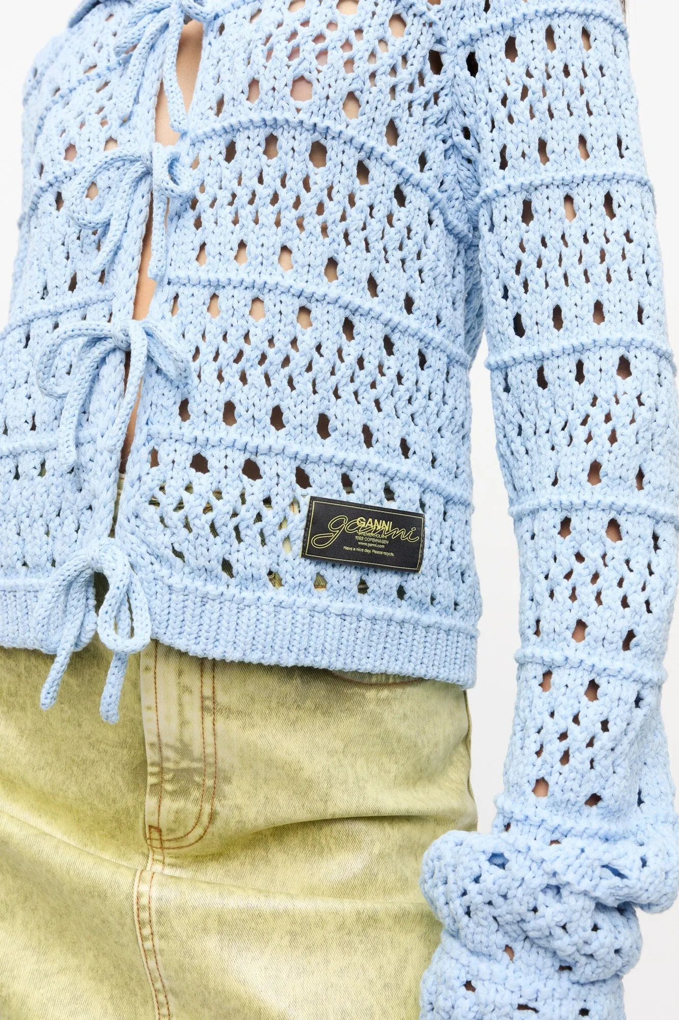Ganni Cotton Mix Tie String Cardigan in Soft Chambray