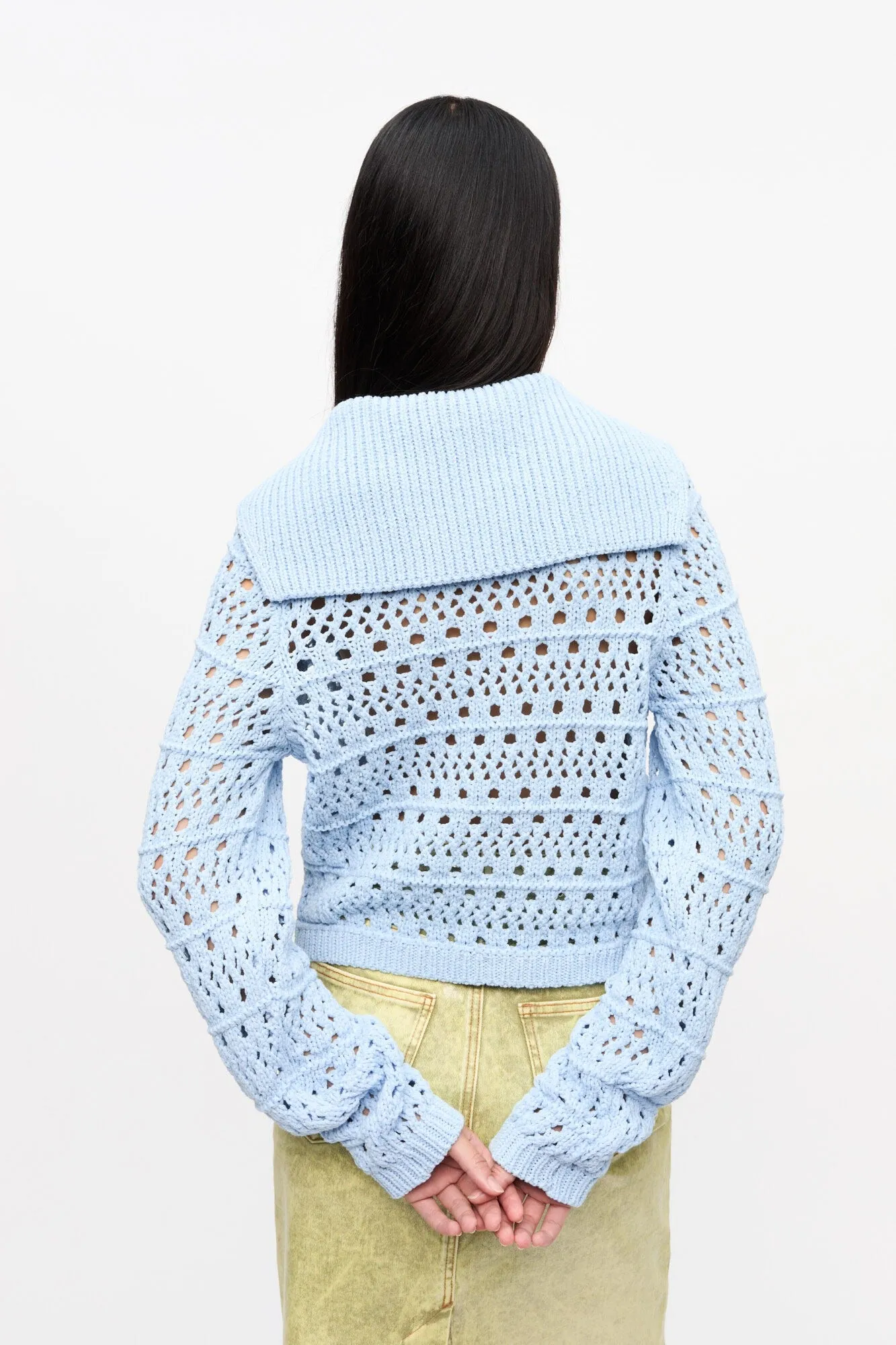 Ganni Cotton Mix Tie String Cardigan in Soft Chambray