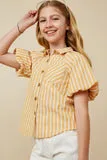 Girls Striped Puff Sleeve Button Up Poplin Shirt