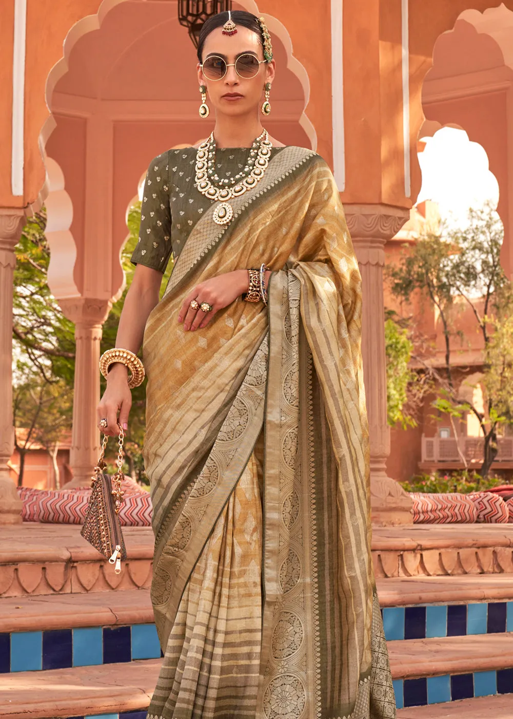 Golden Olive Woven Banarasi Soft Silk Saree With Digital Print