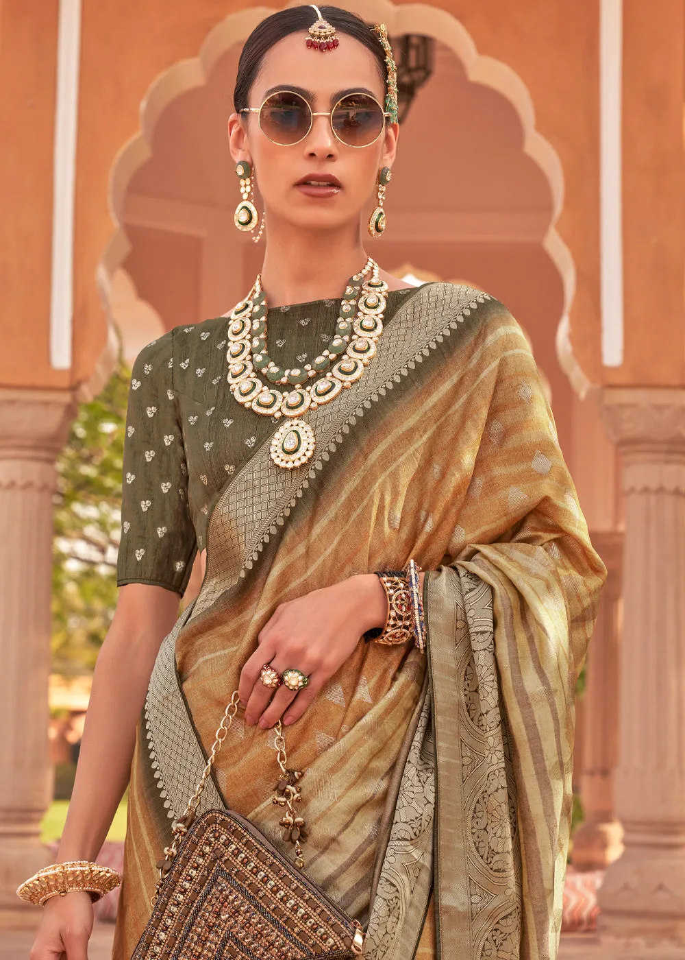 Golden Olive Woven Banarasi Soft Silk Saree With Digital Print