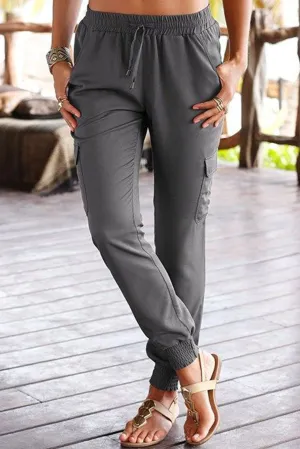 Gray Side Pockets Slim Fit Drawstring High Waist Joggers