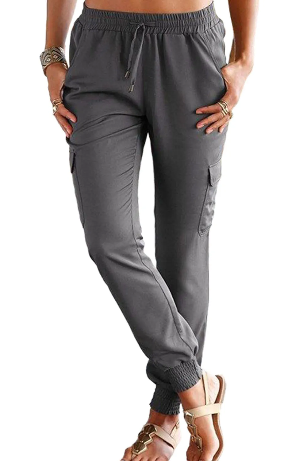 Gray Side Pockets Slim Fit Drawstring High Waist Joggers