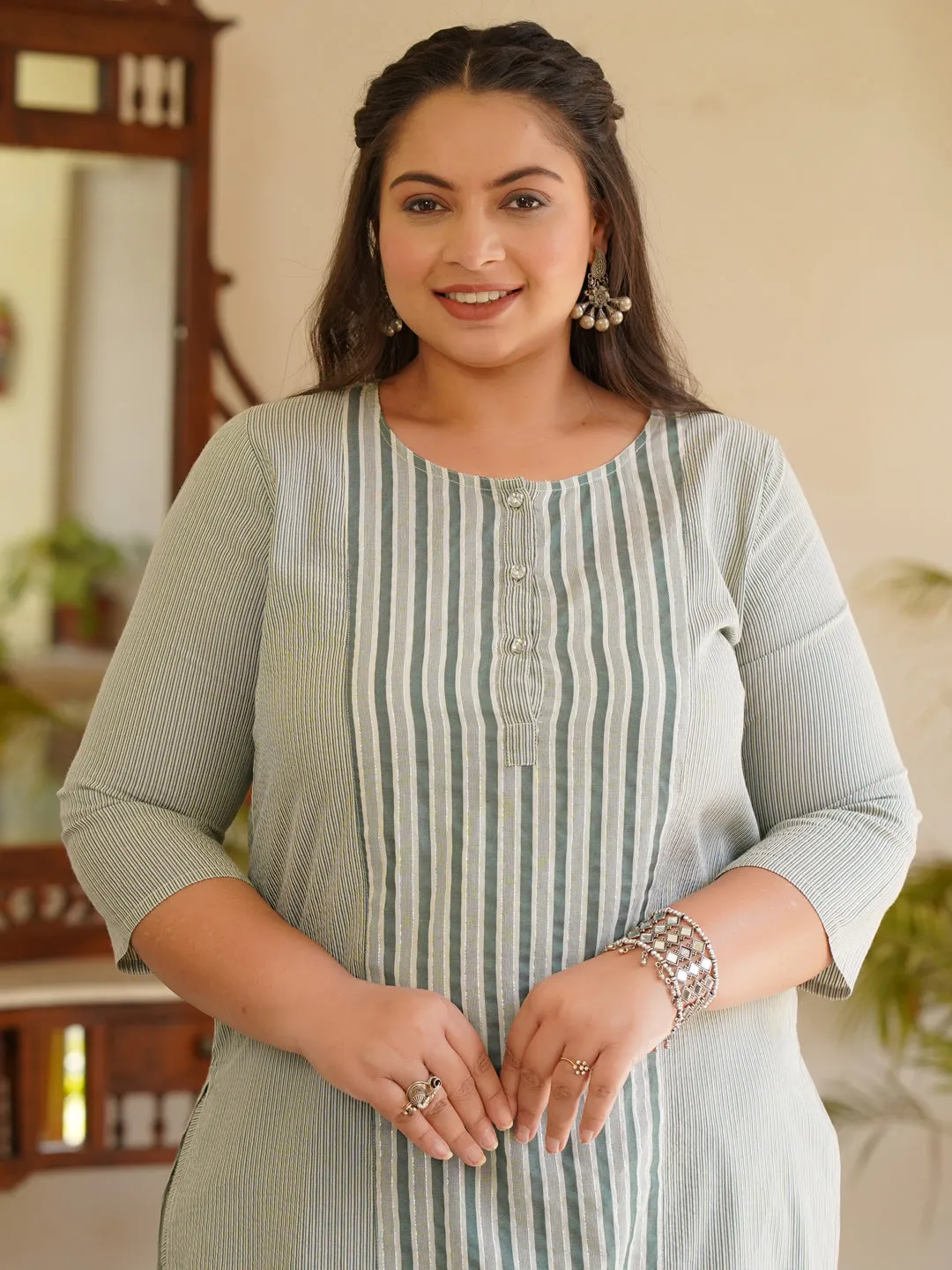 Green Self-Striped Straight Cotton Blend Kurta With Palazzos