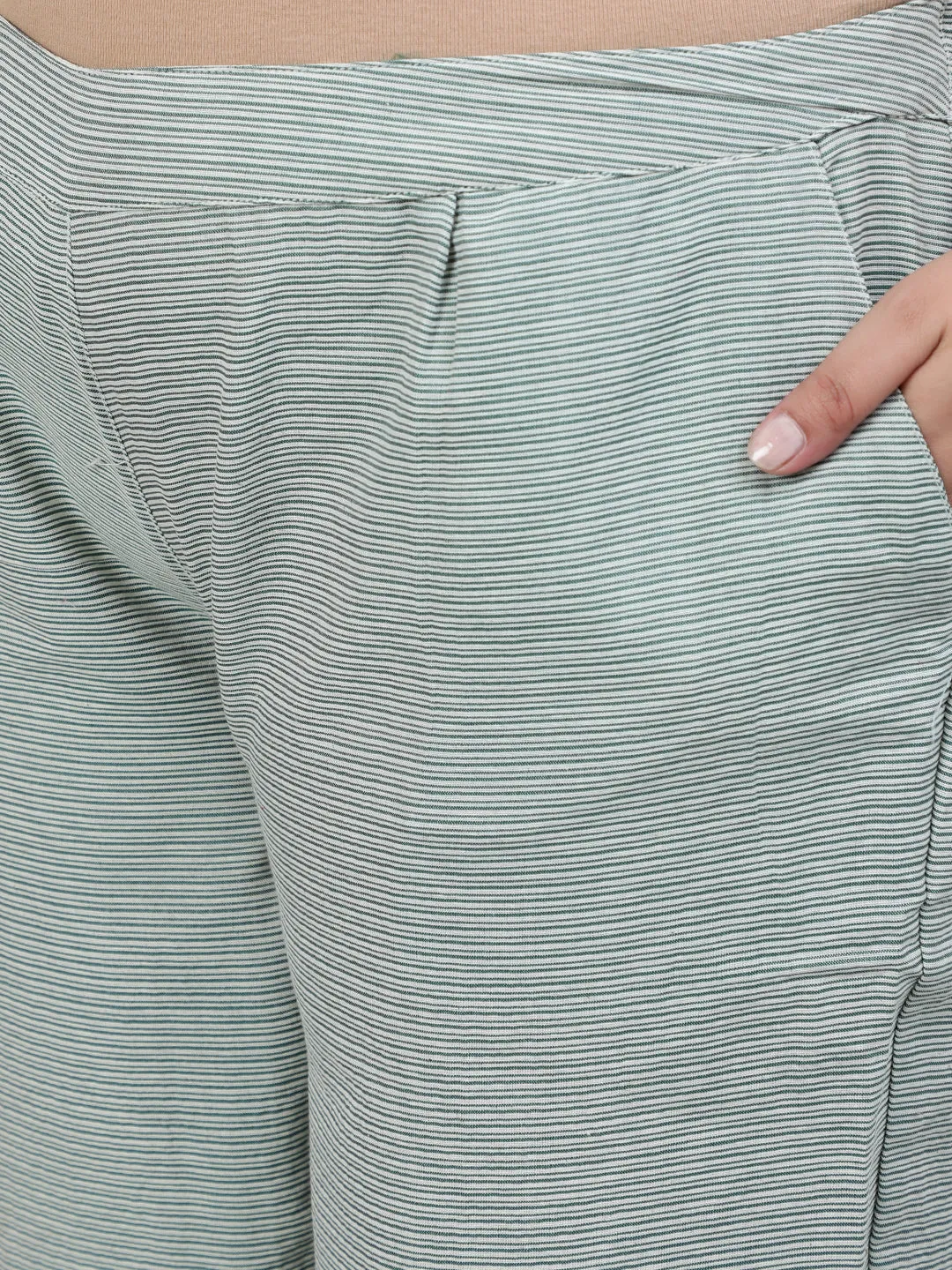 Green Self-Striped Straight Cotton Blend Kurta With Palazzos