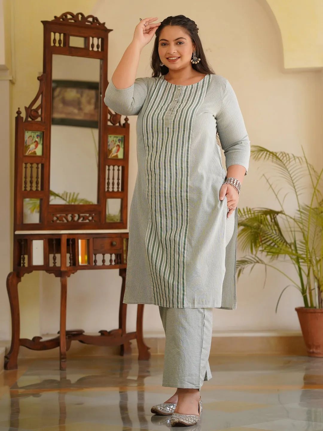 Green Self-Striped Straight Cotton Blend Kurta With Palazzos