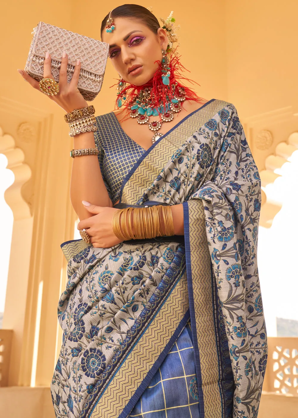 Grey And Blue Printed Soft Silk Saree