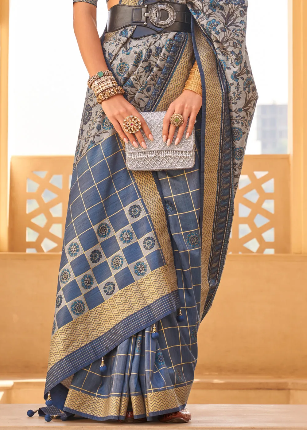 Grey And Blue Printed Soft Silk Saree