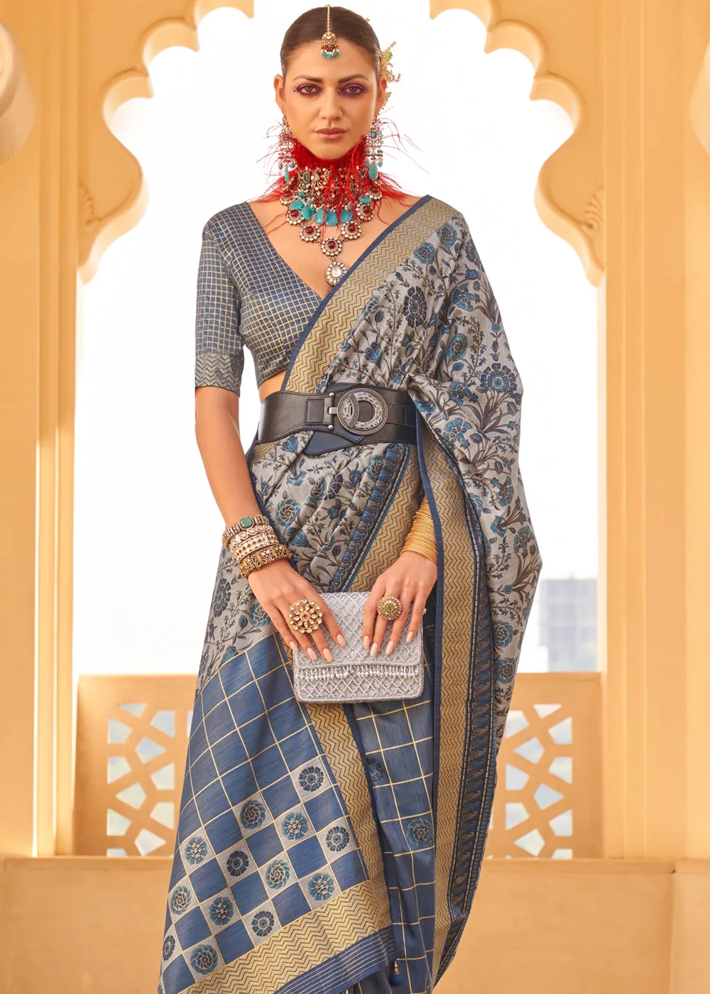 Grey And Blue Printed Soft Silk Saree