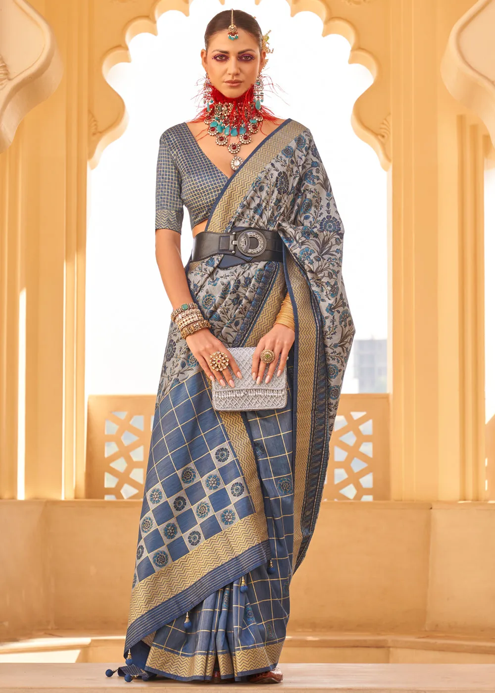Grey And Blue Printed Soft Silk Saree