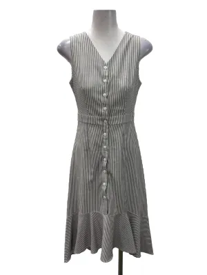 Grey Striped V-Neck Button Down Midi Dress