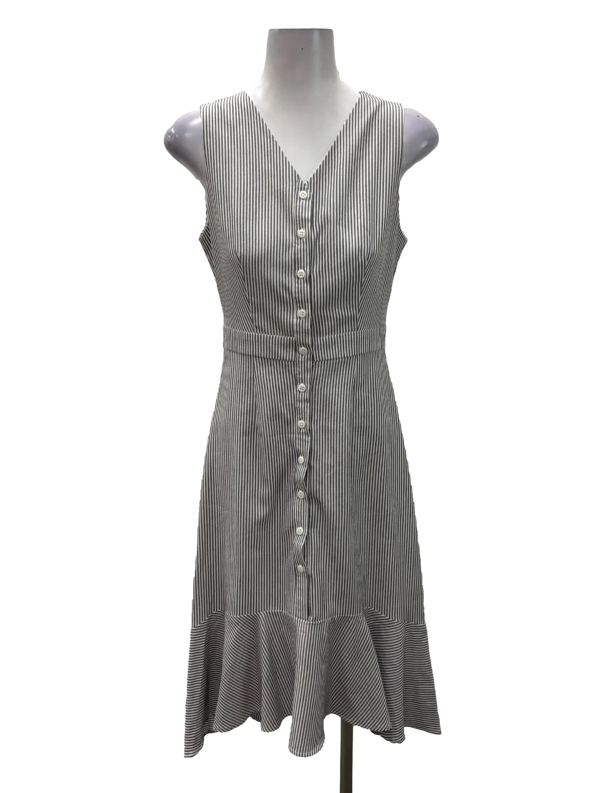 Grey Striped V-Neck Button Down Midi Dress