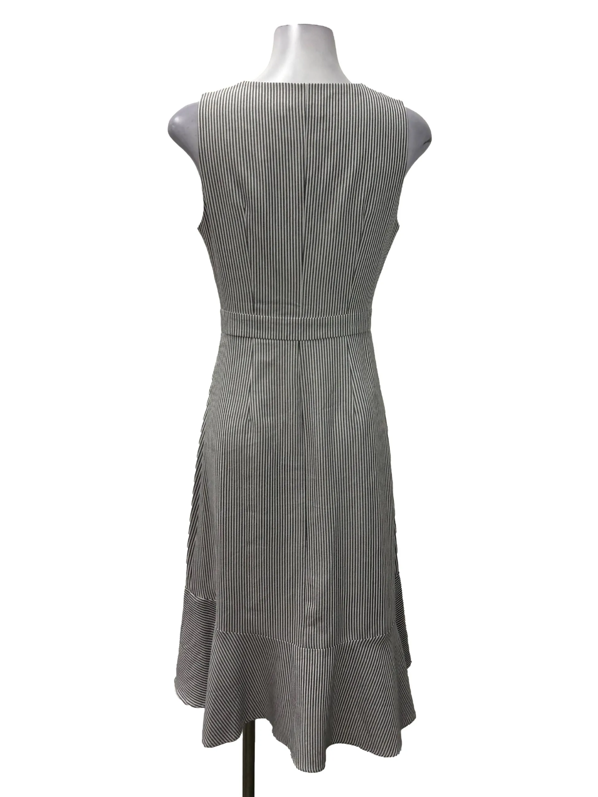 Grey Striped V-Neck Button Down Midi Dress