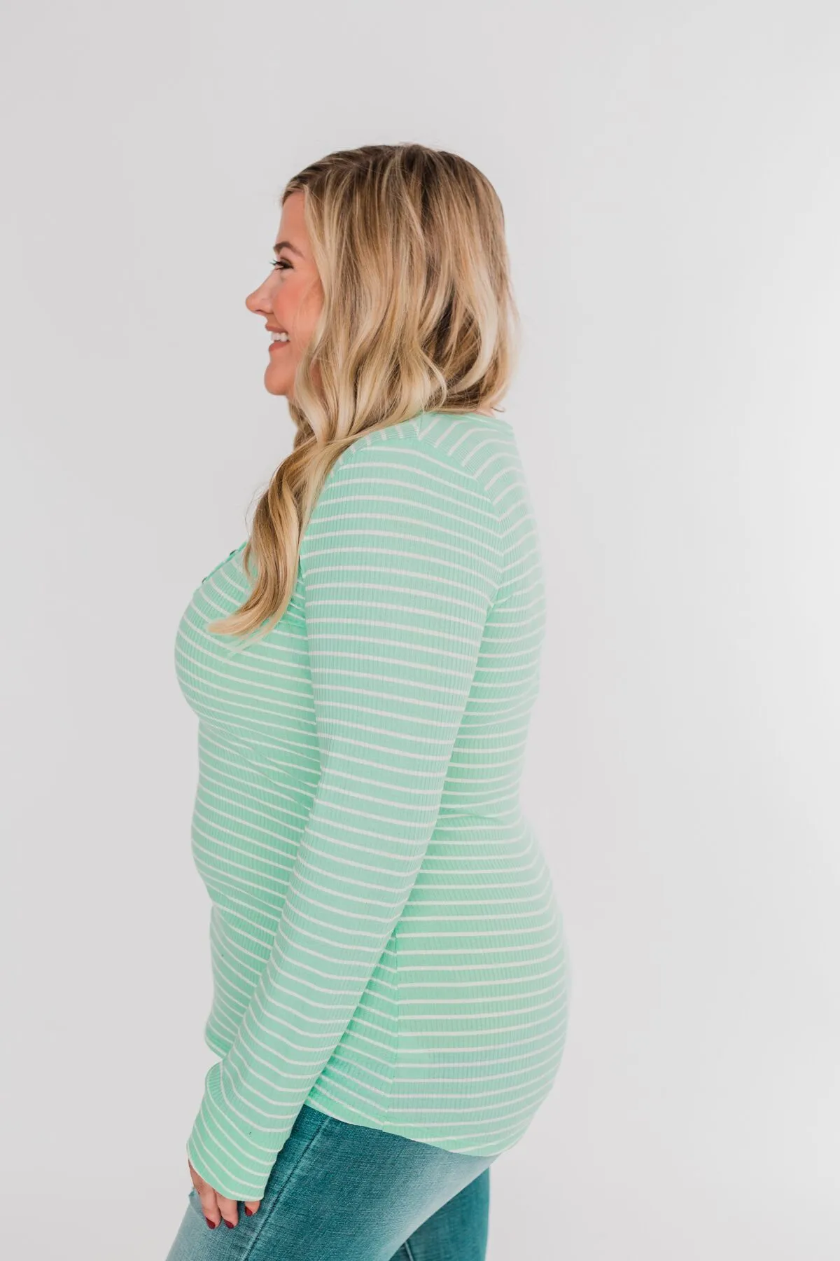 Happy As Can Be Striped Henley Top- Cheerful Mint