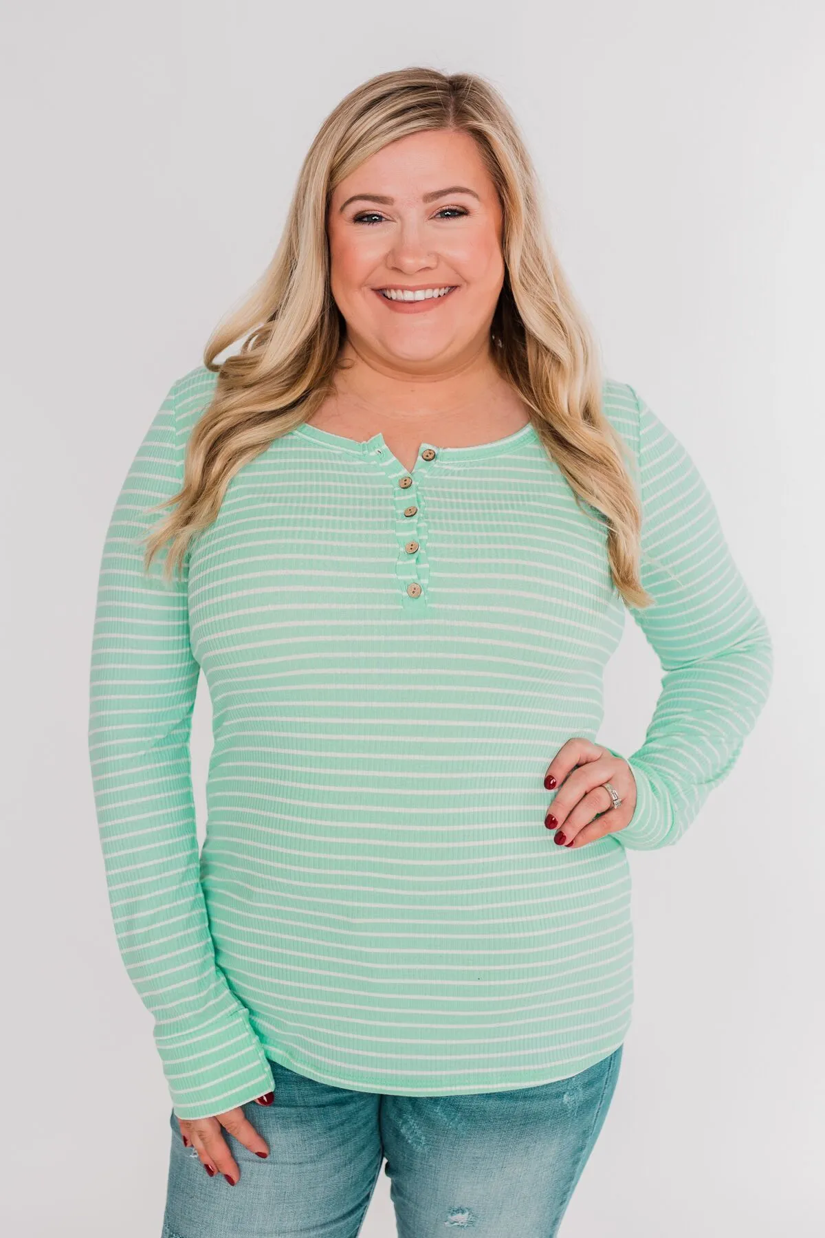 Happy As Can Be Striped Henley Top- Cheerful Mint