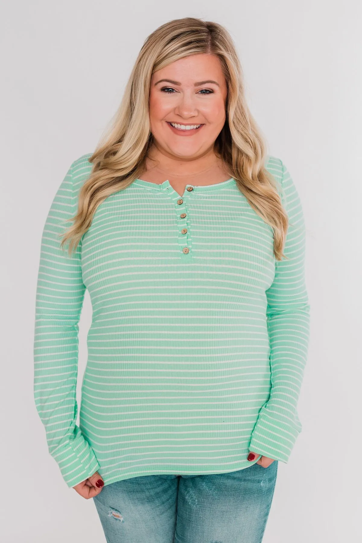 Happy As Can Be Striped Henley Top- Cheerful Mint